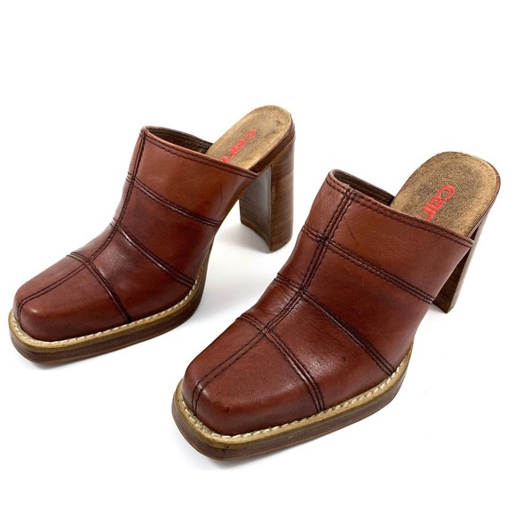 Vintage 90's CANDIE'S patchwork brown leather heeled mules - Picture 2 of 12